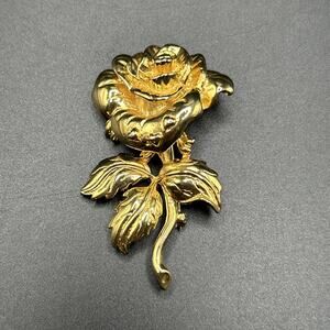 Vintage Gold Tone Rose Flower Brooch Pin 2”
